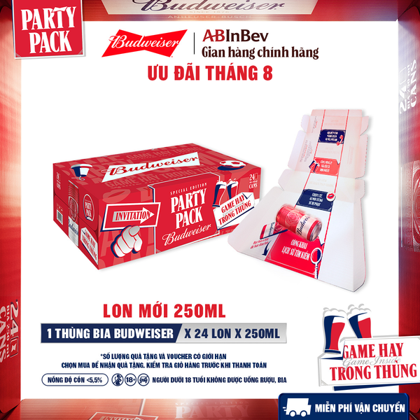 Thùng 24 Lon Bia Budweiser PartyPack Chính Hãng (250ml/lon)