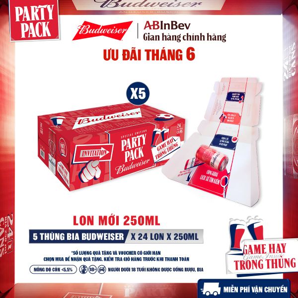 Combo 5 Thùng 24 Lon Bia Budweiser PartyPack Chính Hãng (250ml/lon)
