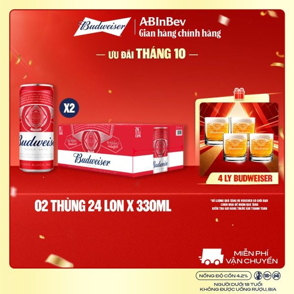 Combo 2 Thùng 24 Lon Bia Budweiser Sleek Can Chính Hãng (330ml/ lon)