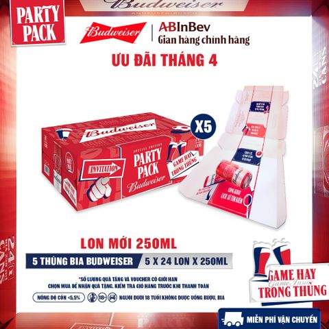 Combo 5 Thùng 24 Lon Bia Budweiser PartyPack Chính Hãng (250ml/lon)