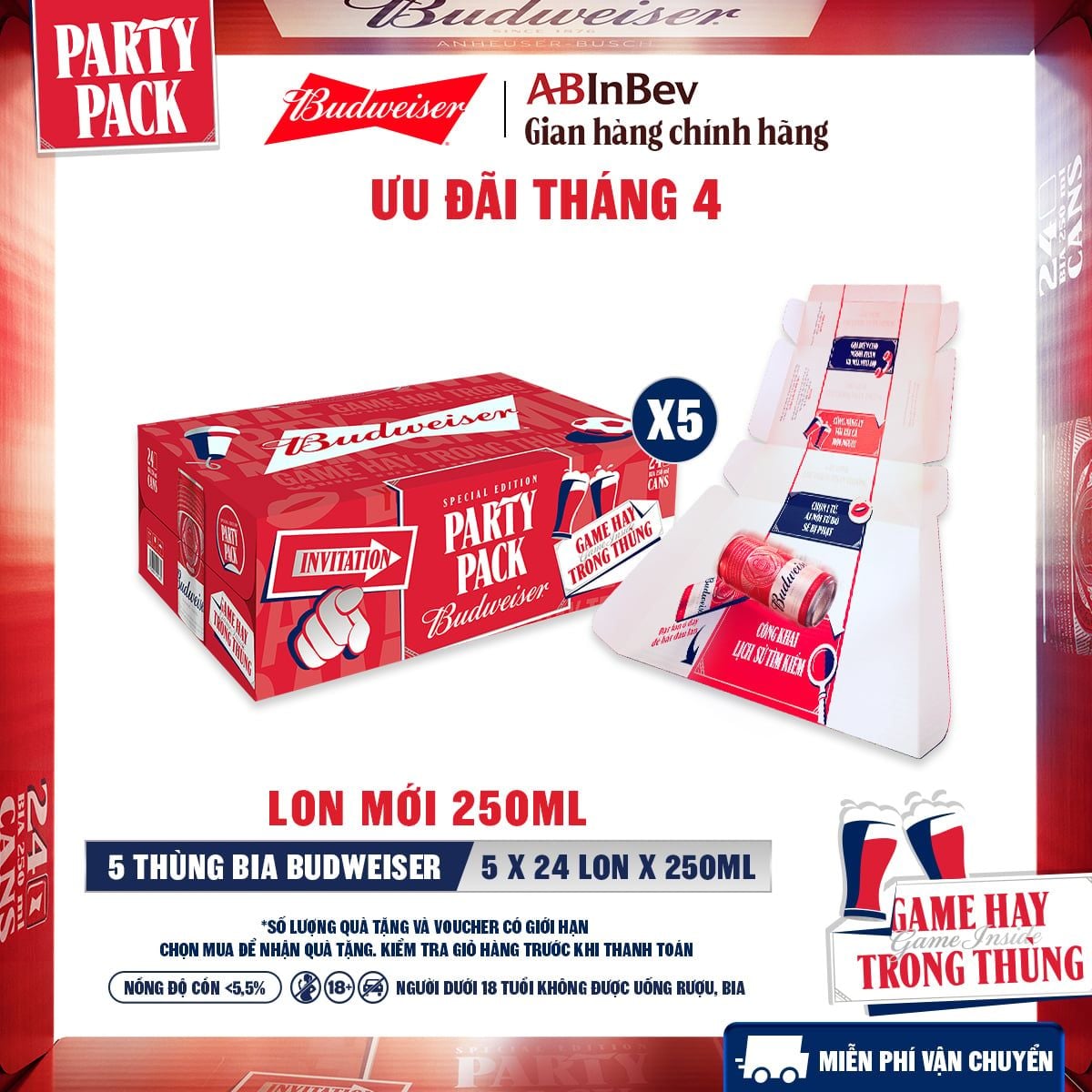 Combo 5 Thùng 24 Lon Bia Budweiser PartyPack Chính Hãng (250ml/lon)