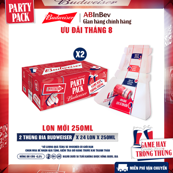 Combo 2 Thùng 24 Lon Bia Budweiser PartyPack Chính Hãng (250ml/lon)