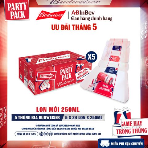 Combo 5 Thùng 24 Lon Bia Budweiser PartyPack Chính Hãng (250ml/lon)