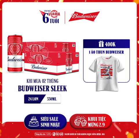 [FREESHIP] Bia Budweiser Sleek Combo 2 Thùng 24 Lon 330ml - Tặng 1 Áo Thun Budweiser Phiên Bản Giới Hạn - QUÀ TẶNG KHÔNG BÁN