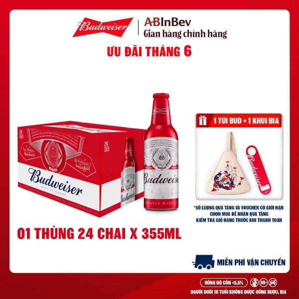 Bia Budweiser Thùng 24 Chai Aluminum 355ml Chính Hãng