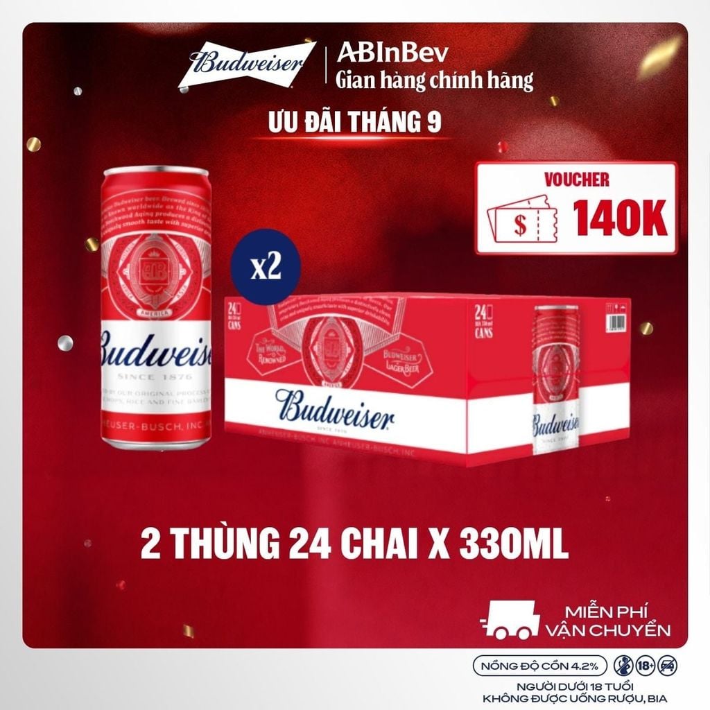 Combo 2 Thùng 24 Lon Bia Budweiser Sleek Can Chính Hãng (330ml/ lon)