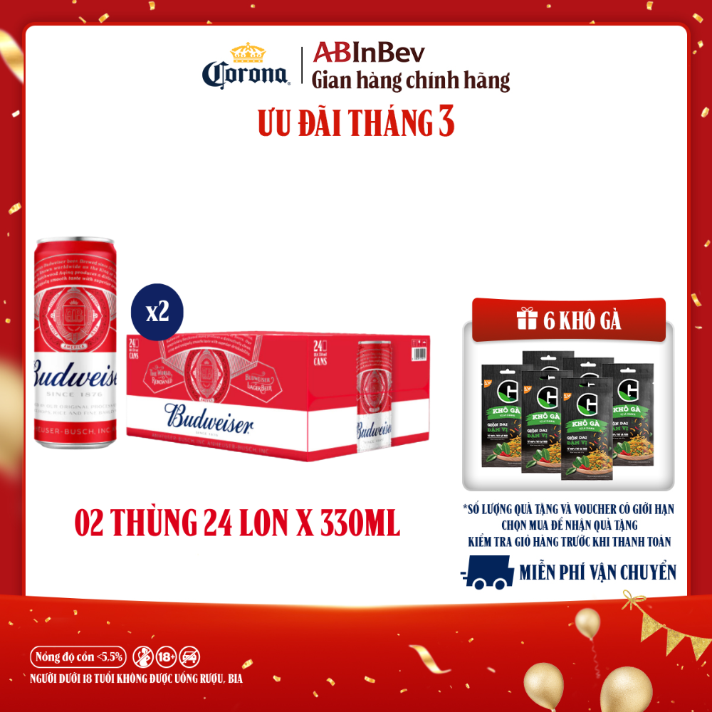Combo 2 Thùng 24 Lon Bia Budweiser Sleek Can Chính Hãng (330ml/ lon)