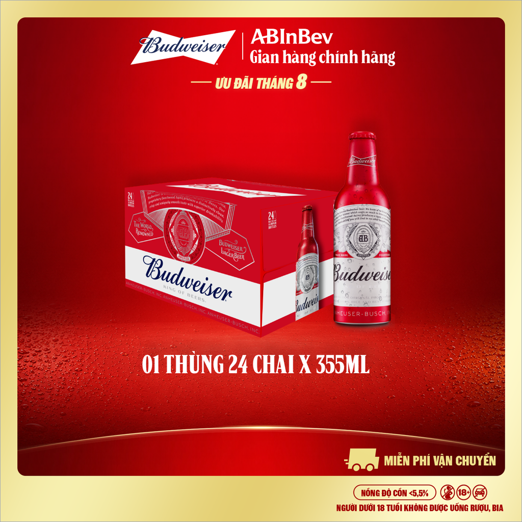 Bia Budweiser Thùng 24 Chai Aluminum 355ml Chính Hãng