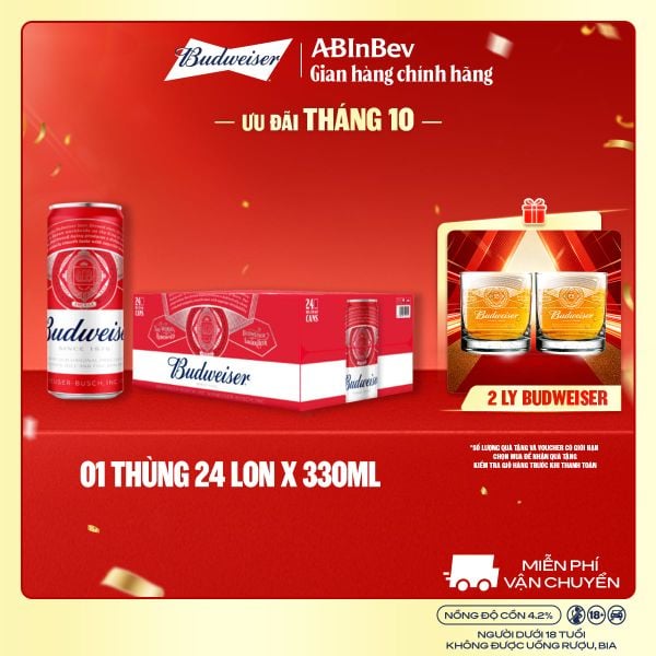 Thùng 24 Lon Bia Budweiser Sleek Can Chính Hãng (330ml/ lon)