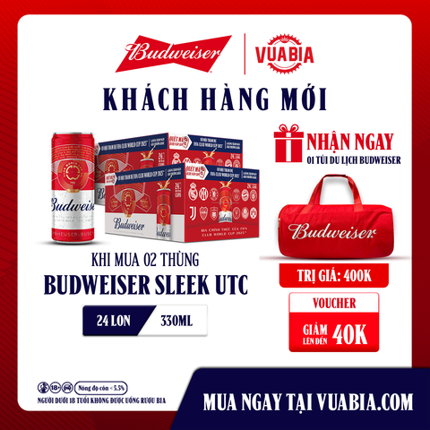 [ÁP DỤNG KHÁCH HÀNG MỚI - MIỀN NAM] [FREESHIP] Bia Budweiser Sleek Combo 2 Thùng 24 Lon 330ml Phiên Bản FIFA Club World Cup 2025 - Tặng 1 Túi Du Lịch Budweiser + Voucher 40K