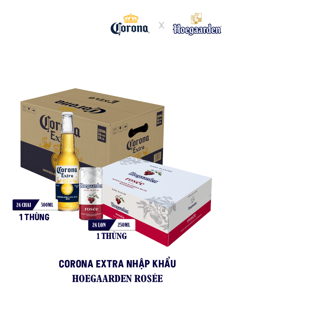 Thùng 24 Lon Bia Hoegaarden Rosée (250ml/lon) - Sản Phẩm Mới x Bia Corona Extra nhập khẩu thùng 24 chai (300ml/chai)