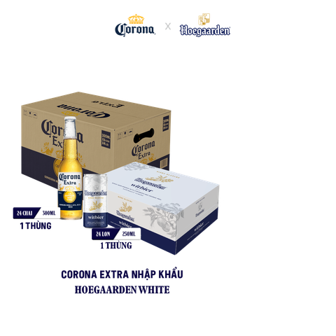 Bia Hoegaarden white bỉ thùng 24 lon (250ml/lon) x Bia Corona Extra nhập khẩu thùng 24 chai (300ml/chai)