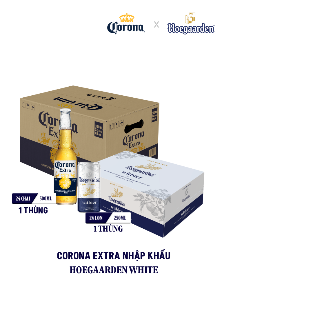 Bia Hoegaarden white bỉ thùng 24 lon (250ml/lon) x Bia Corona Extra nhập khẩu thùng 24 chai (300ml/chai)
