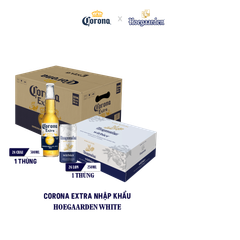 Bia Hoegaarden white bỉ thùng 24 lon (250ml/lon) x Bia Corona Extra nhập khẩu thùng 24 chai (300ml/chai)