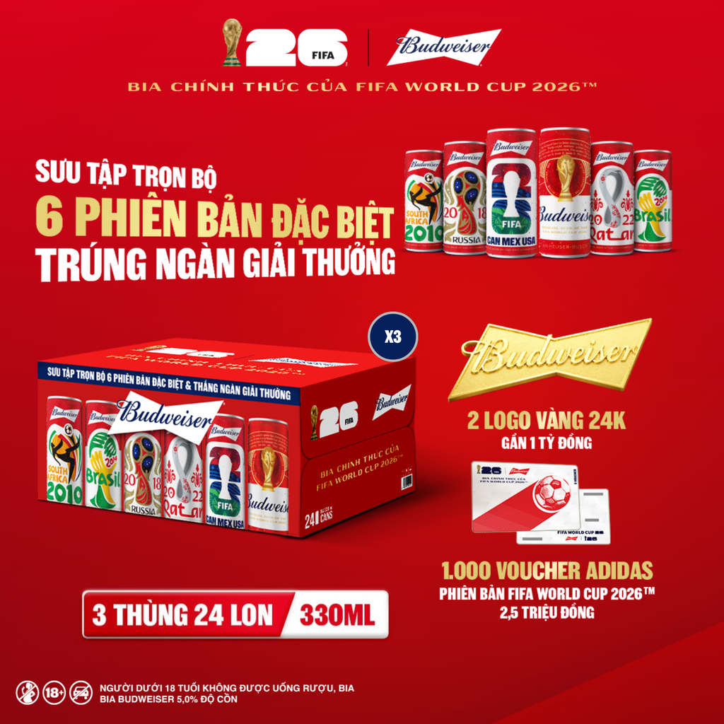Combo 3 Thùng 24 Lon Bia Budweiser Sleek Can Chính Hãng (330ml/ lon)