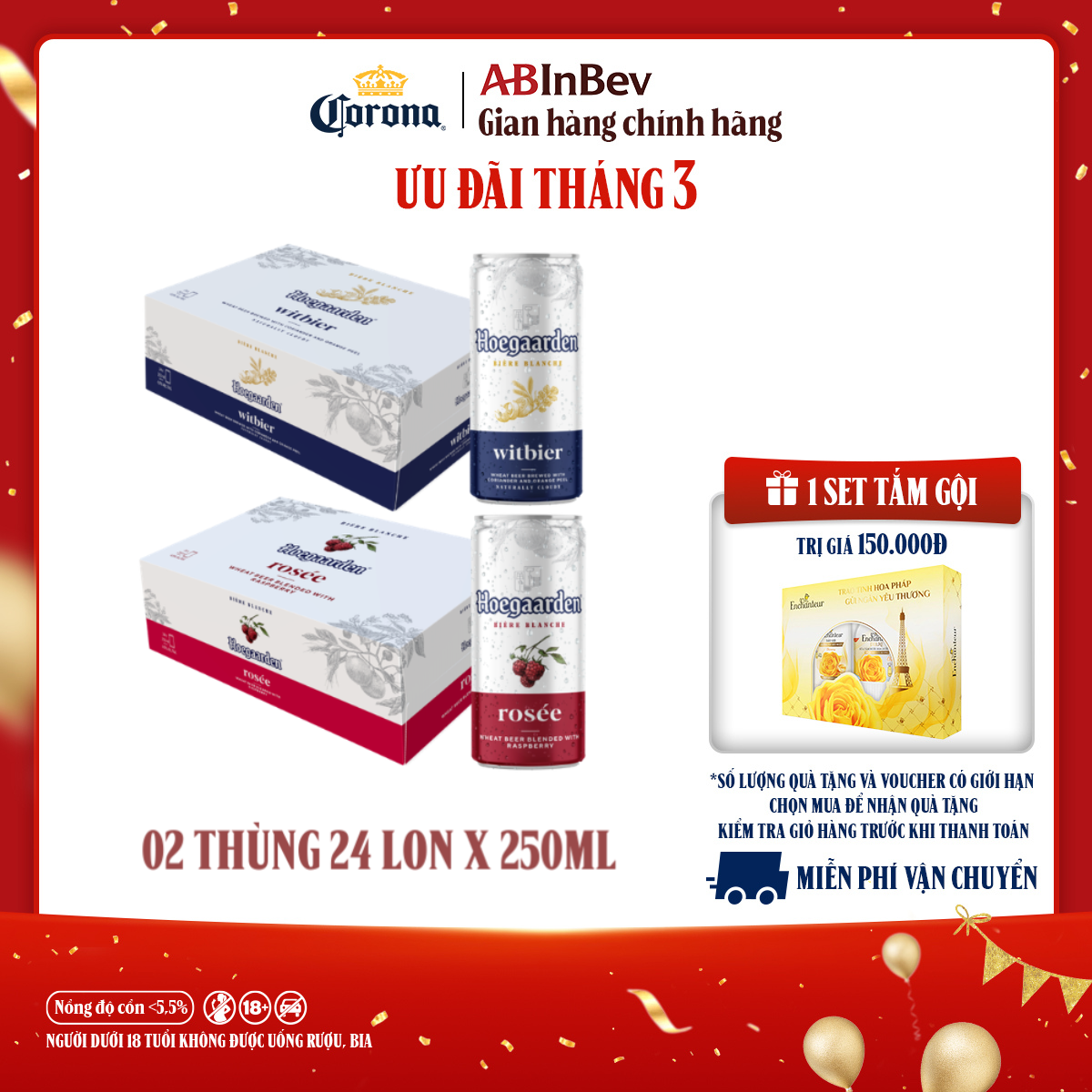 Thùng 24 Lon Bia Hoegaarden white bỉ thùng 24 lon (250ml/lon) và Thùng 24 Lon Bia Hoegaarden Rosée (250ml/lon)