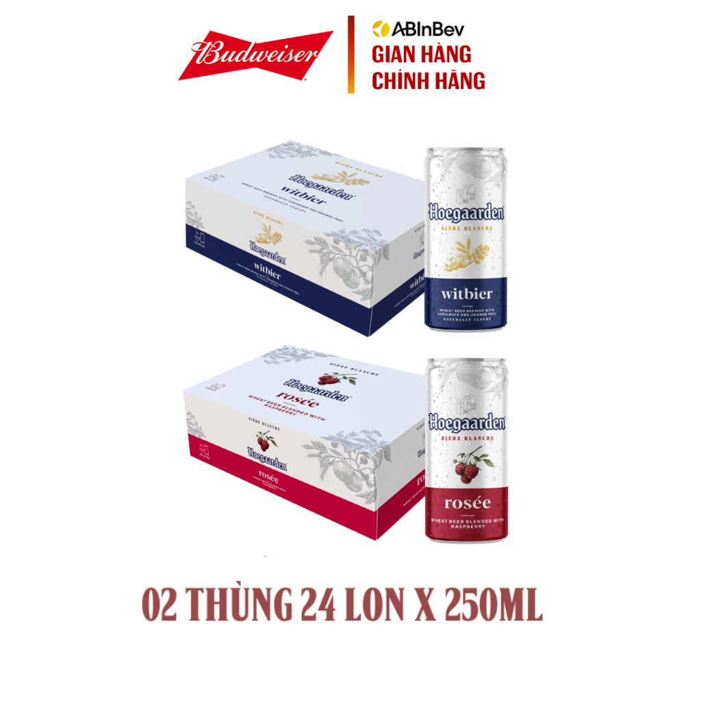 Thùng 24 Lon Bia Hoegaarden white bỉ thùng 24 lon (250ml/lon) và Thùng 24 Lon Bia Hoegaarden Rosée (250ml/lon)