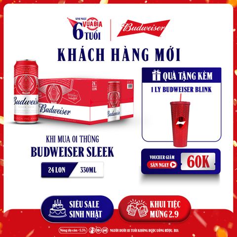 [ÁP DỤNG KHÁCH HÀNG MỚI - MIỀN BẮC] [FREESHIP] Bia Budweiser Sleek Thùng 24 Lon 330ml - Tặng 1 Ly Budweiser Blink + Voucher 60K