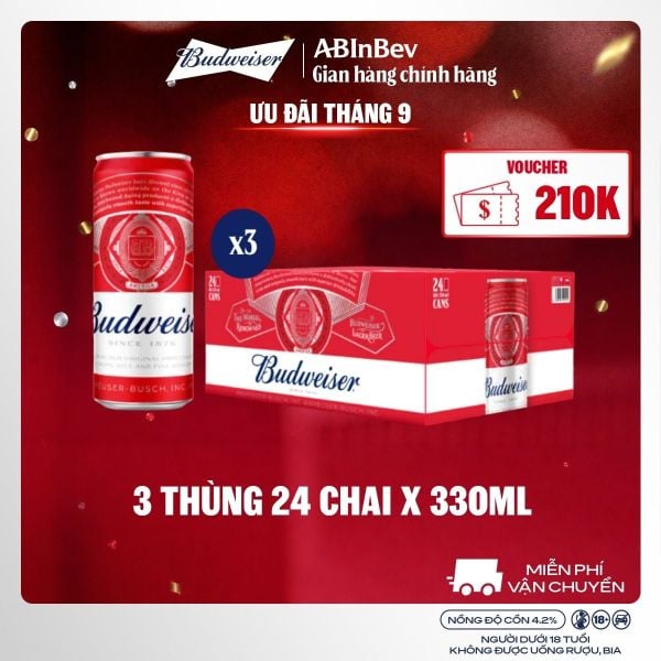 Combo 3 Thùng 24 Lon Bia Budweiser Sleek Can Chính Hãng (330ml/ lon)