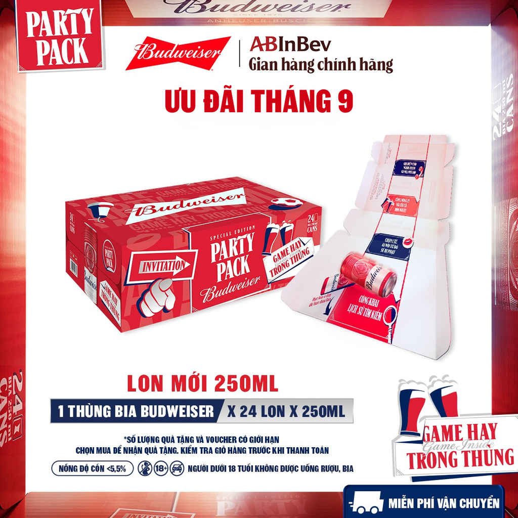 Thùng 24 Lon Bia Budweiser PartyPack Chính Hãng (250ml/lon)