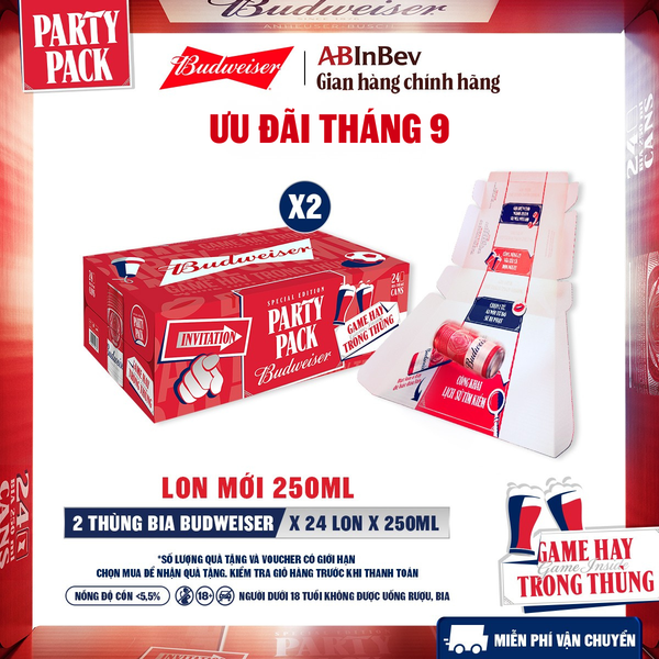 Combo 2 Thùng 24 Lon Bia Budweiser PartyPack Chính Hãng (250ml/lon)