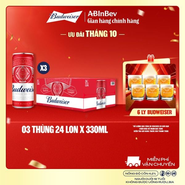 Combo 3 Thùng 24 Lon Bia Budweiser Sleek Can Chính Hãng (330ml/ lon)