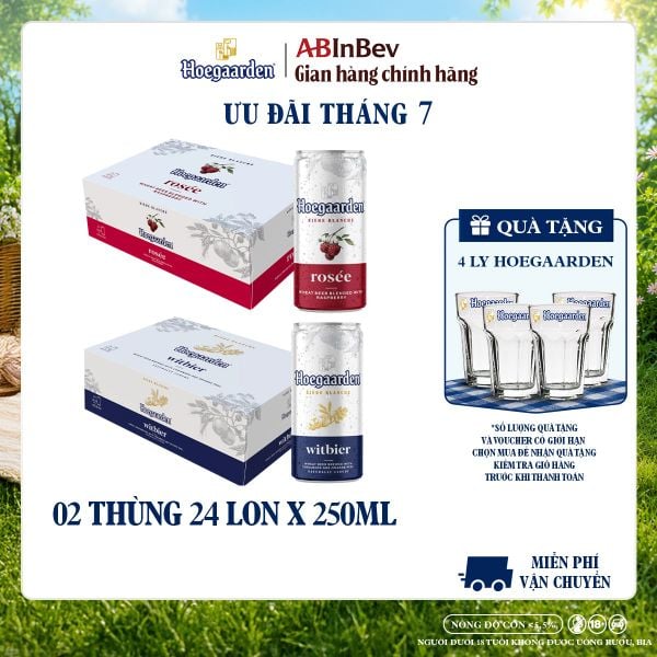 Thùng 24 Lon Bia Hoegaarden white bỉ thùng 24 lon (250ml/lon) và Thùng 24 Lon Bia Hoegaarden Rosée (250ml/lon)