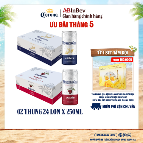 Thùng 24 Lon Bia Hoegaarden white bỉ thùng 24 lon (250ml/lon) và Thùng 24 Lon Bia Hoegaarden Rosée (250ml/lon)