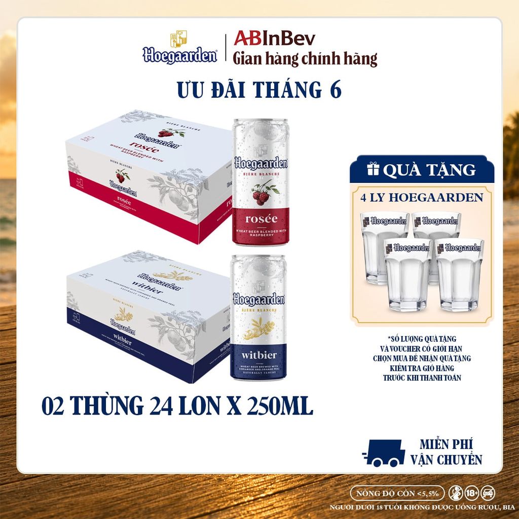 Thùng 24 Lon Bia Hoegaarden white bỉ thùng 24 lon (250ml/lon) và Thùng 24 Lon Bia Hoegaarden Rosée (250ml/lon)