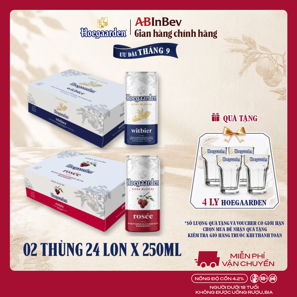 Thùng 24 Lon Bia Hoegaarden white bỉ thùng 24 lon (250ml/lon) và Thùng 24 Lon Bia Hoegaarden Rosée (250ml/lon)