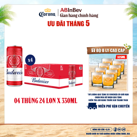 Combo 4 Thùng 24 Lon Bia Budweiser Sleek Can Chính Hãng (330ml/ lon)