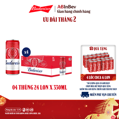 Combo 4 Thùng 24 Lon Bia Budweiser Sleek Can Chính Hãng (330ml/ lon)