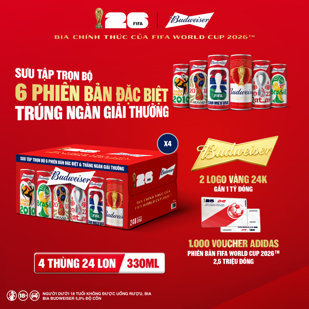 Combo 4 Thùng 24 Lon Bia Budweiser Sleek Can Chính Hãng (330ml/ lon)