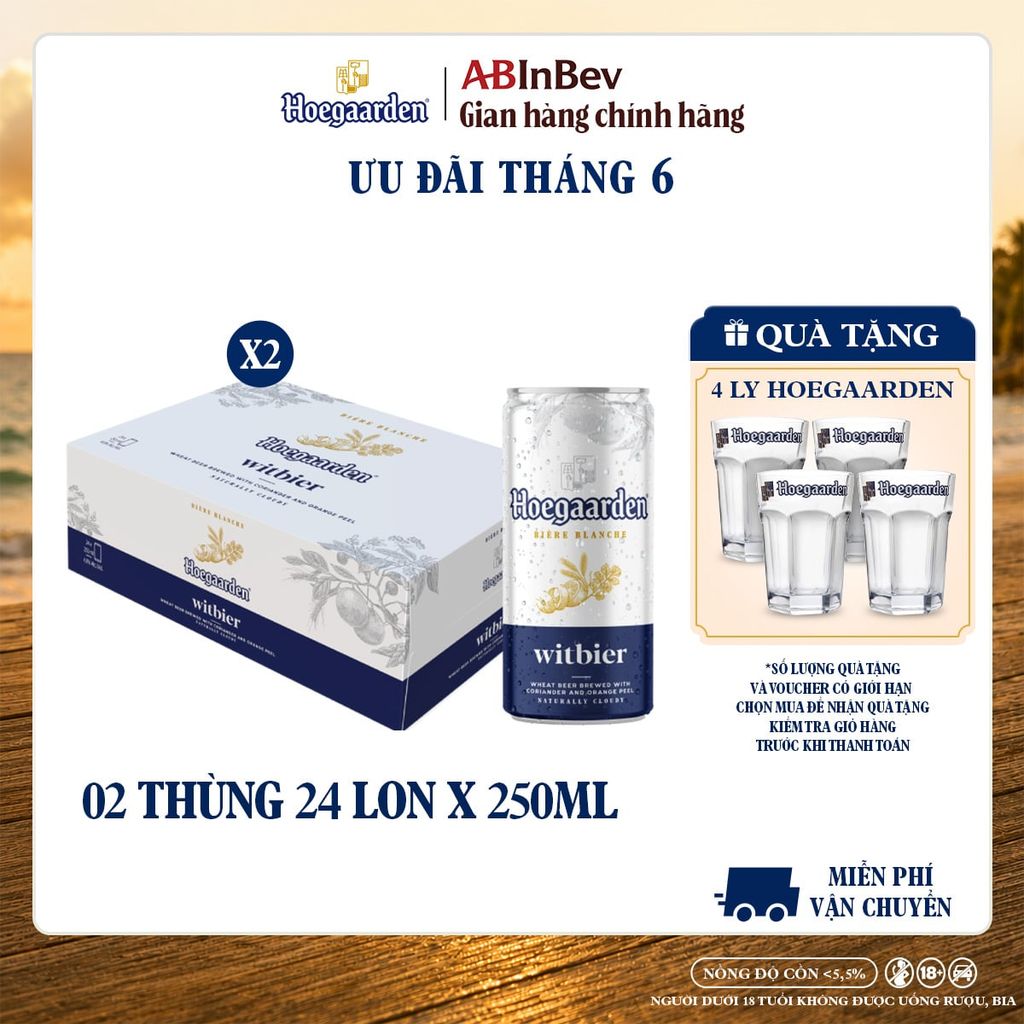 Combo 2 Thùng 24 Lon Bia Hoegaarden white bỉ thùng 24 lon (250ml/lon)