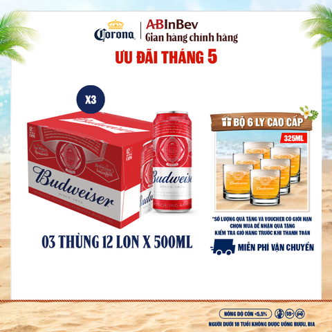 Combo 3 Thùng 24 Lon Bia Budweiser Sleek Can Chính Hãng (330ml/ lon)