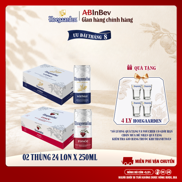 Thùng 24 Lon Bia Hoegaarden white bỉ thùng 24 lon (250ml/lon) và Thùng 24 Lon Bia Hoegaarden Rosée (250ml/lon)