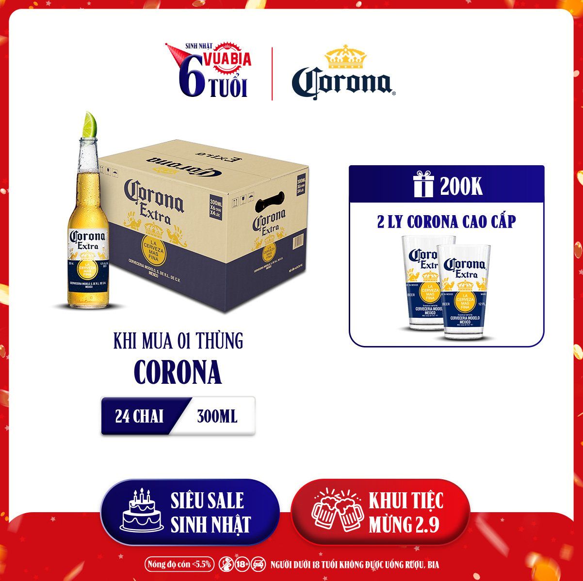 [FREESHIP] Bia Corona Extra Thùng 24 Chai 300ml - Tặng 2 ly Corona