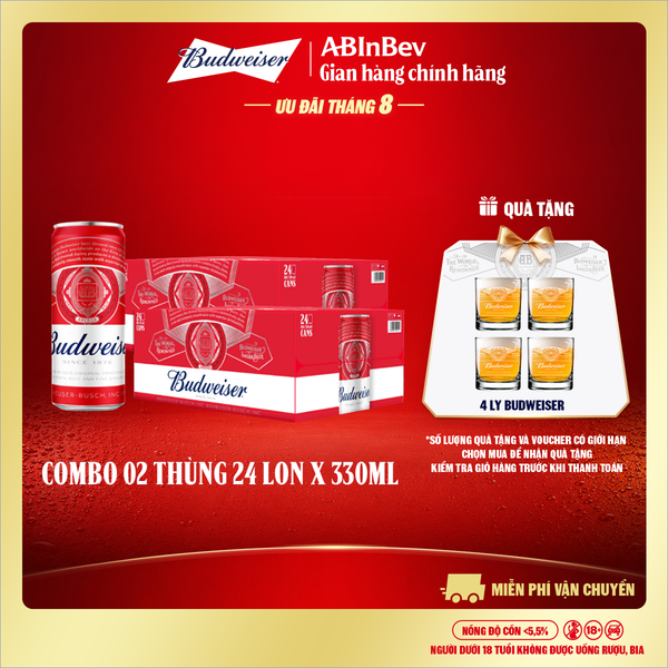 Combo 2 Thùng 24 Lon Bia Budweiser Sleek Can Chính Hãng (330ml/ lon)
