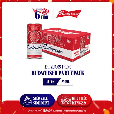 [FREESHIP] Bia Budweiser PartyPack Combo 5 Thùng 15 Lon 250ml Chính Hãng