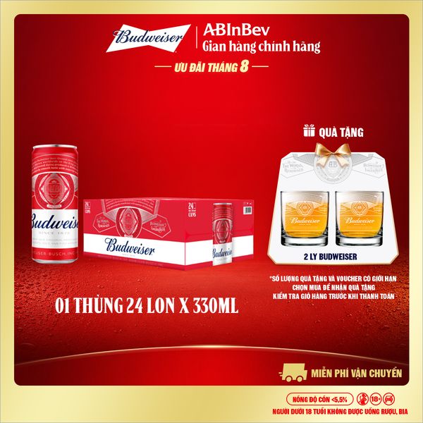 Thùng 24 Lon Bia Budweiser Sleek Can Chính Hãng (330ml/ lon)