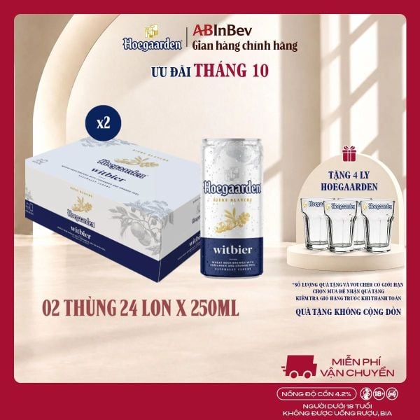 Combo 2 Thùng 24 Lon Bia Hoegaarden white bỉ thùng 24 lon (250ml/lon)
