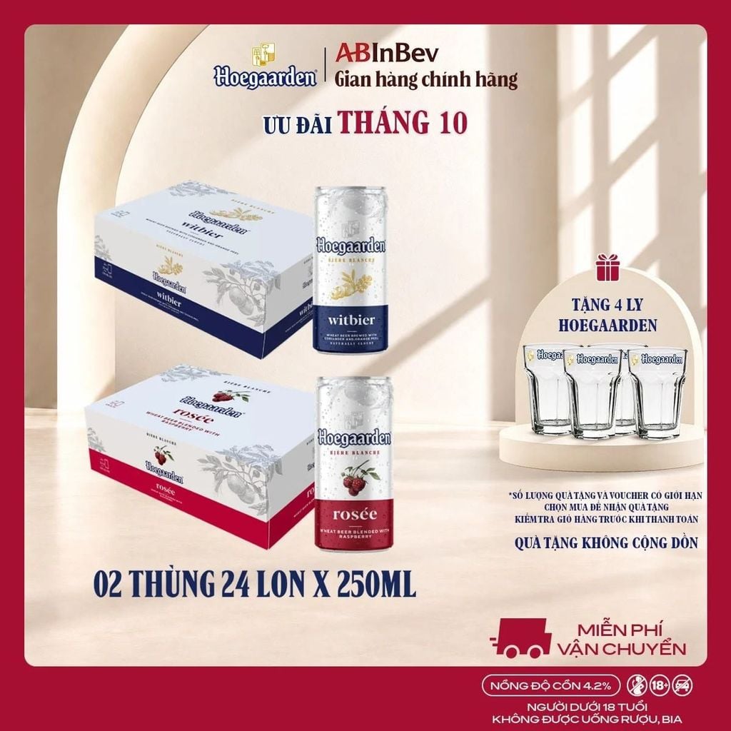 Thùng 24 Lon Bia Hoegaarden white bỉ thùng 24 lon (250ml/lon) và Thùng 24 Lon Bia Hoegaarden Rosée (250ml/lon)