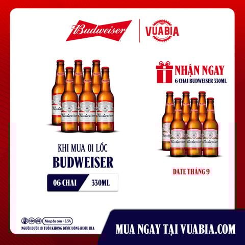 [FREESHIP] 1 Lốc 6 Chai Budweiser 330ml - Tặng Lốc 6 Chai Budweiser 330ml [Date T09/2025]