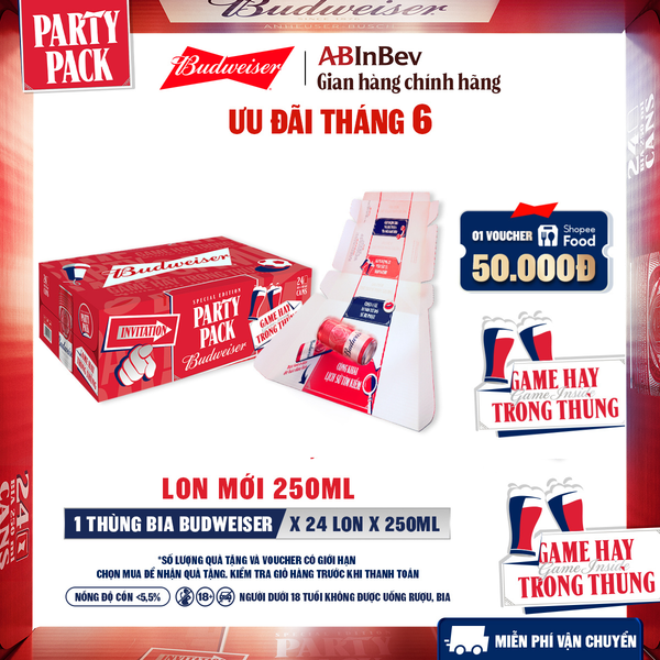 Thùng 24 Lon Bia Budweiser PartyPack Chính Hãng (250ml/lon)