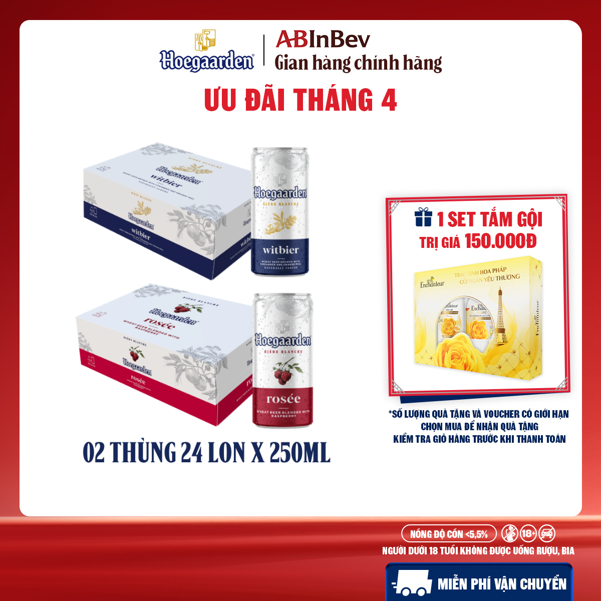 Thùng 24 Lon Bia Hoegaarden white bỉ thùng 24 lon (250ml/lon) và Thùng 24 Lon Bia Hoegaarden Rosée (250ml/lon)
