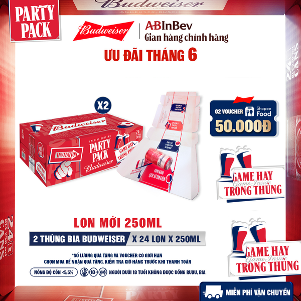 Combo 2 Thùng 24 Lon Bia Budweiser PartyPack Chính Hãng (250ml/lon)