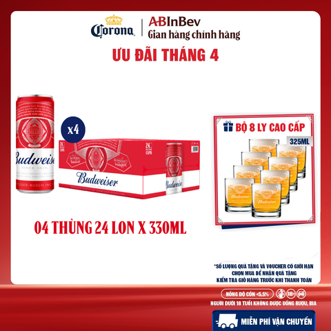Combo 4 Thùng 24 Lon Bia Budweiser Sleek Can Chính Hãng (330ml/ lon)