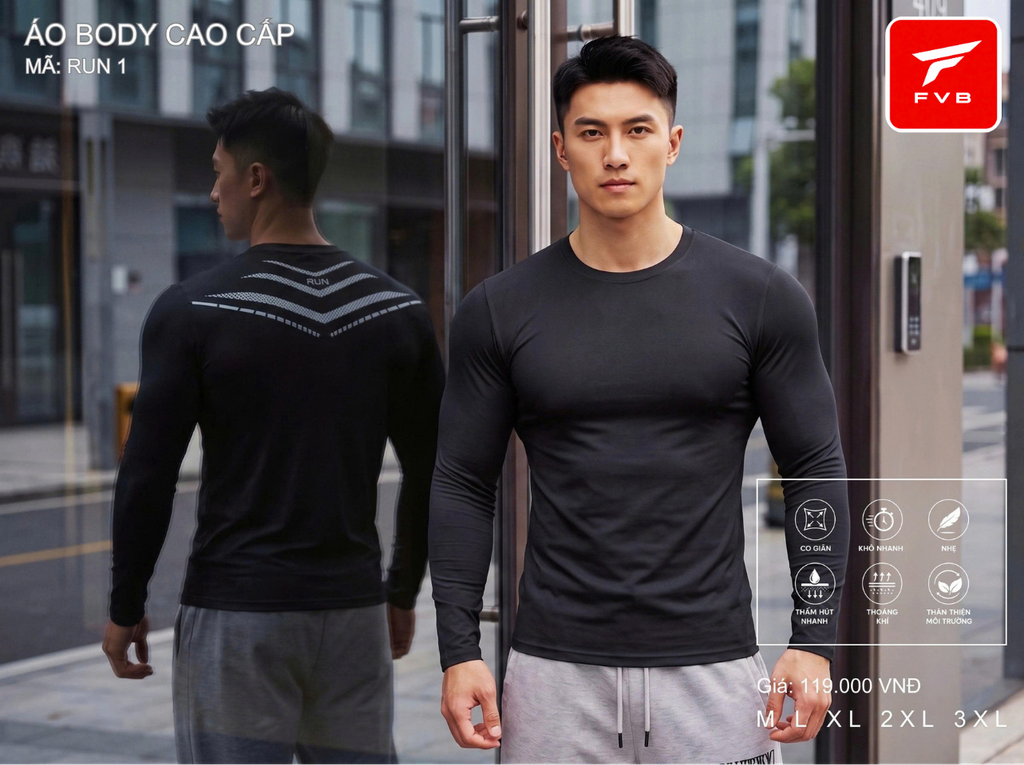 Áo Thể Thao Body Dài Tay Cao Cấp FVB Mã RUN2 — Thiết Kế Lưng Phản Quang Thể Thao Đỉnh Cao