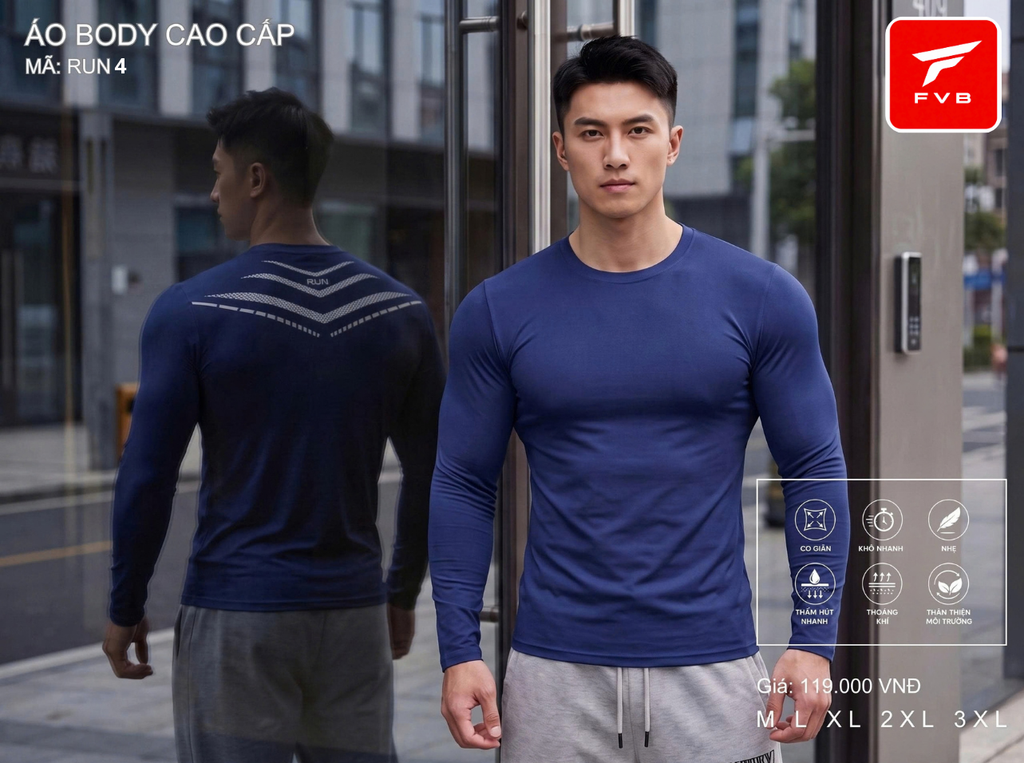 Áo Thể Thao Body Dài Tay Cao Cấp FVB Mã RUN3 — Thiết Kế Lưng Phản Quang Thể Thao Đỉnh Cao