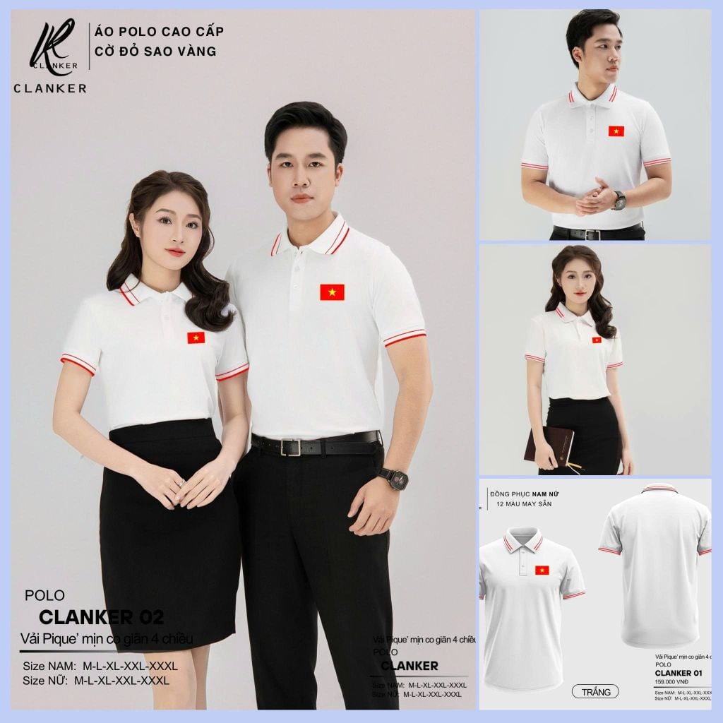 Áo Polo Trắng Cờ Đỏ Sao Vàng Cổ Viền Xanh Nam Nữ